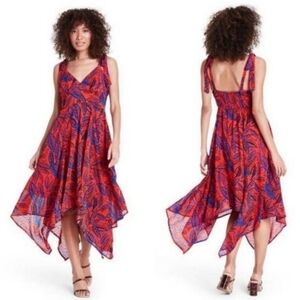 2775)Alexis for Target Orange Blue Botanical Asymmetrical Hem Dress Size Medium